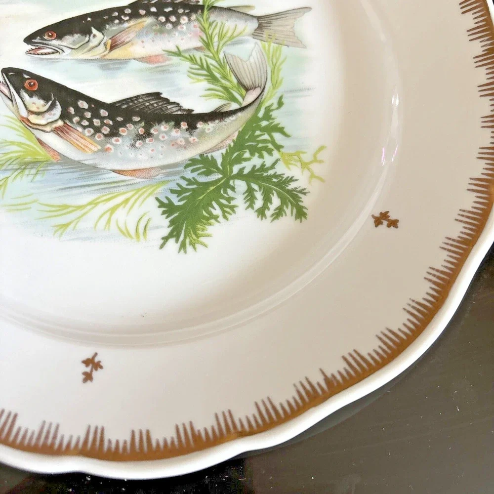 Hand Painted Fish Pattern Porcelain Dinner Plate Made In France Gold Gilt Rim